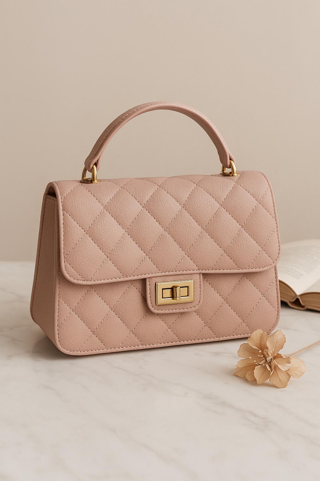 Sac à main matelassé en cuire rose poudré